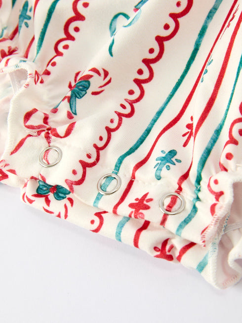 Christmas Baby Girls Romper Stripe Print One-Piece with Ruffle Trim